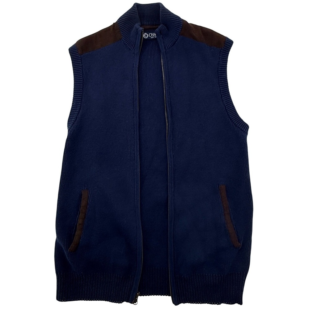 Chaps Vest Mens Small Navy Blue Full Zip Mock Neck Cotton Knit Sweater Suede